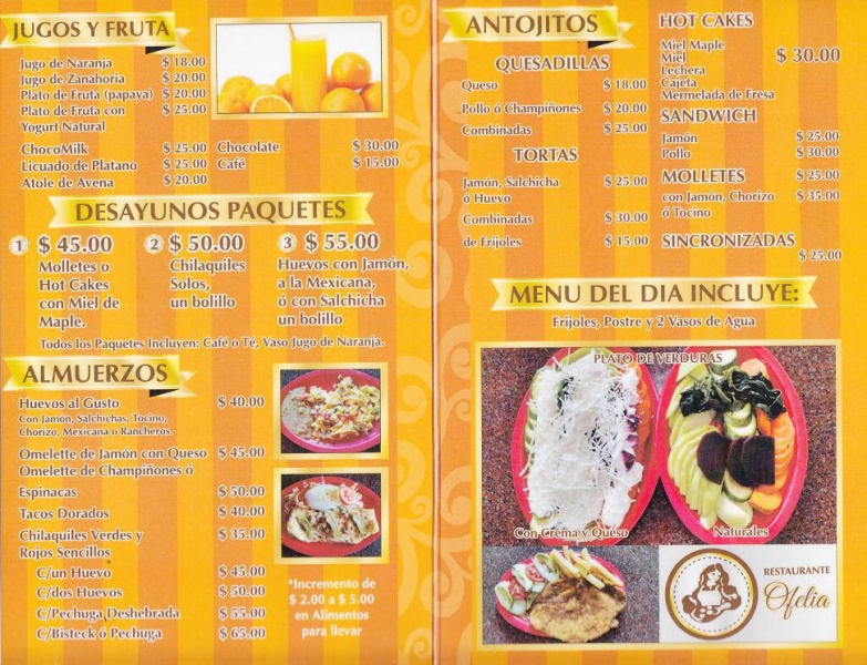 Carta menu restaurante Ofelia DF