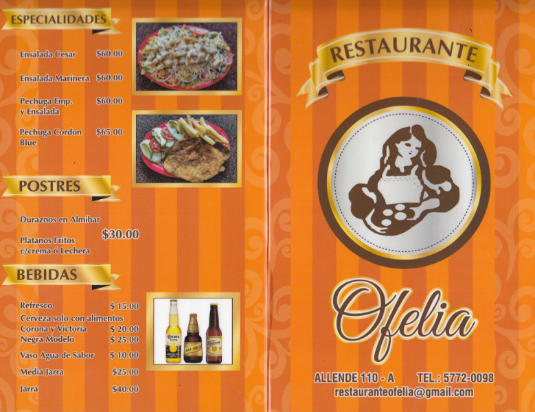 Carta menu restaurante Ofelia DF